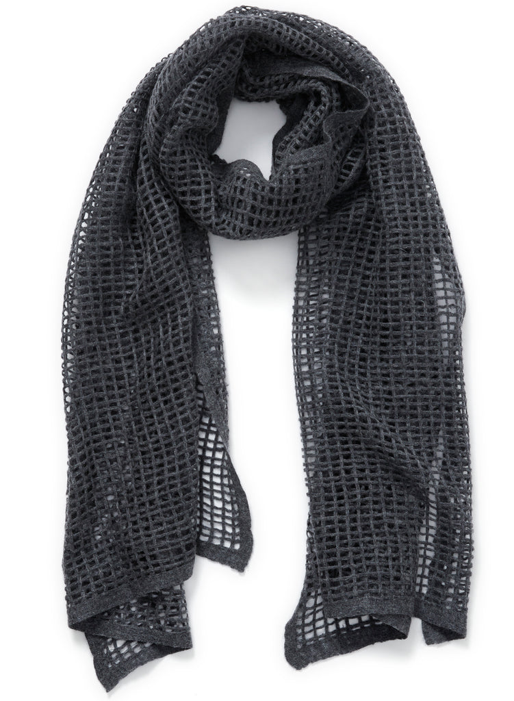 JANE CARR The Mesh Scarf in Granite, dark grey grid woven cashmere scarf – tied
