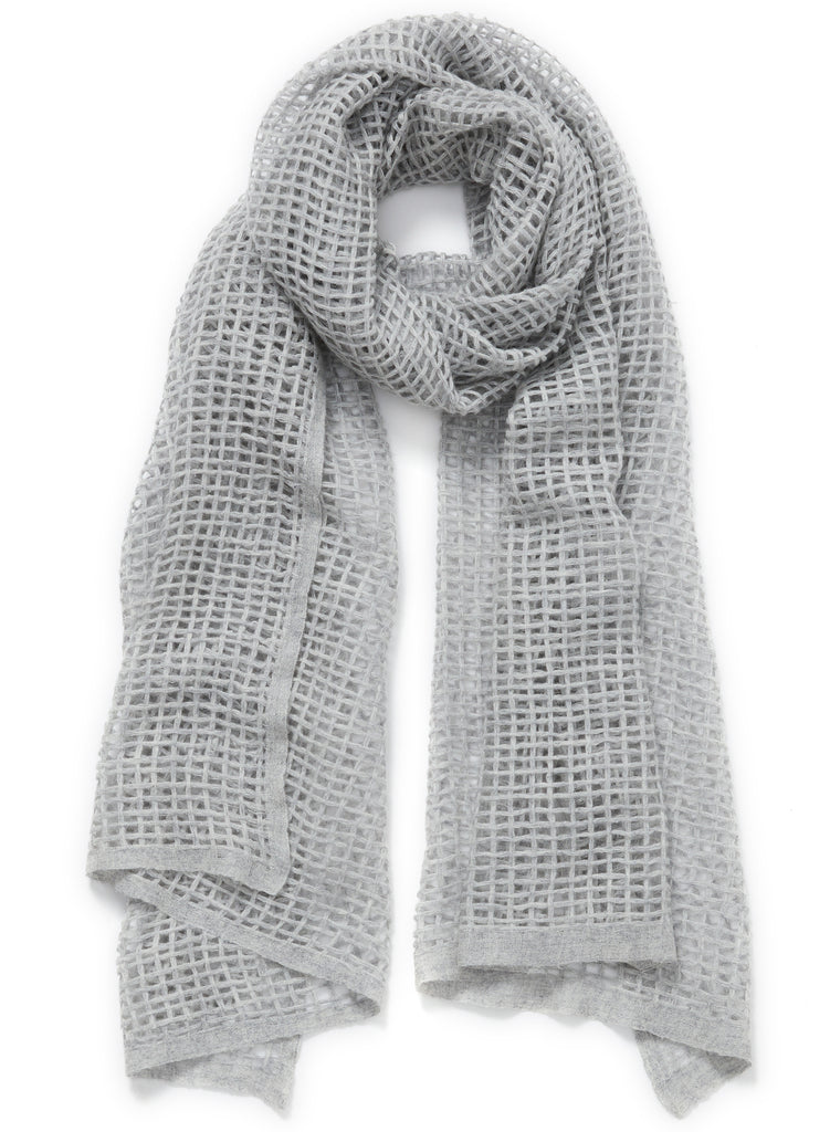 JANE CARR The Mesh Scarf in Mist, pale grey grid woven cashmere scarf – tied