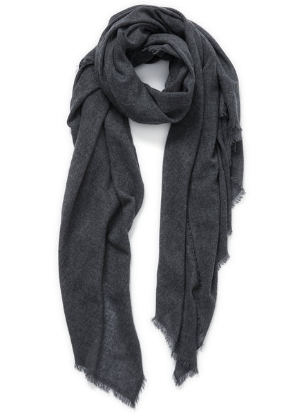 JANE CARR The Fray Wrap in Granite, dark grey woven pure cashmere scarf – tied