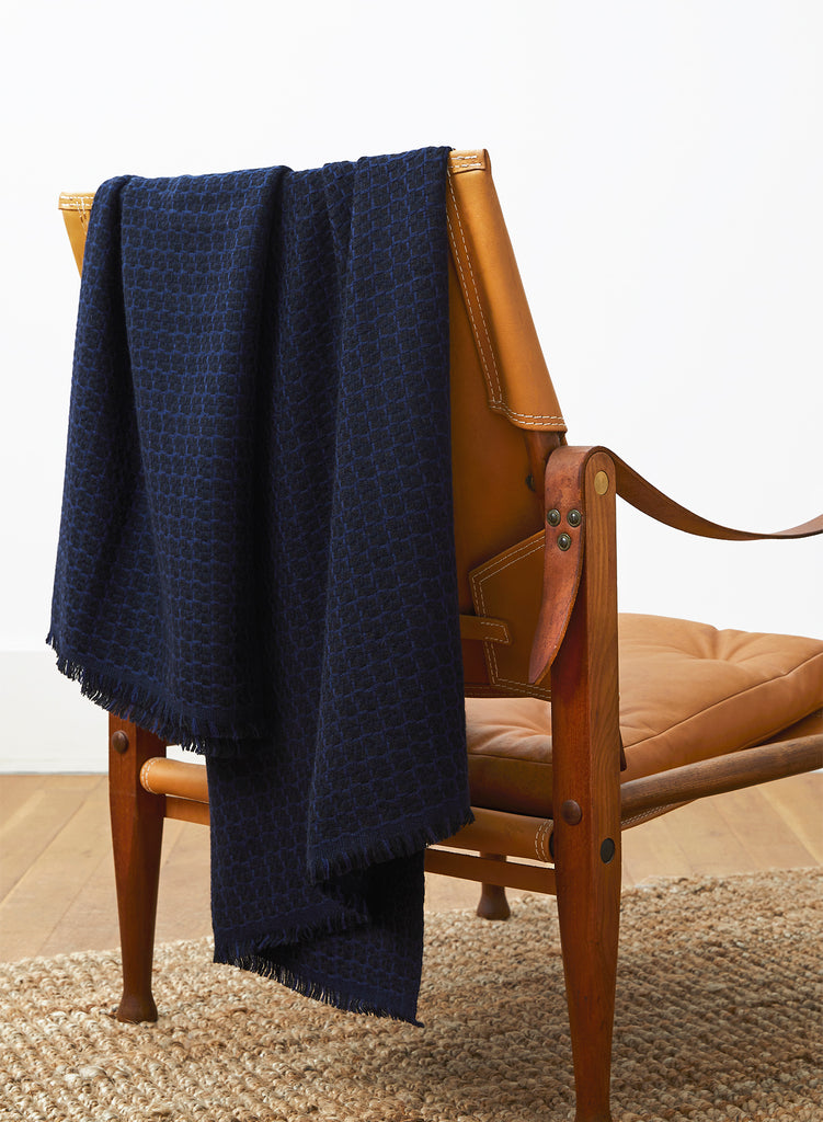 THE SLALOM THROW, dark blue and black checked wool and cashmere throw, Chair