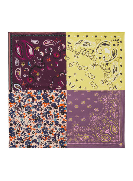JANE CARR The Remix Foulard in Damson, purple multicolour printed silk twill scarf – flat