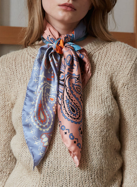 JANE CARR The Bandanas Foulard in Carp, bright multicolour printed silk twill scarf – model