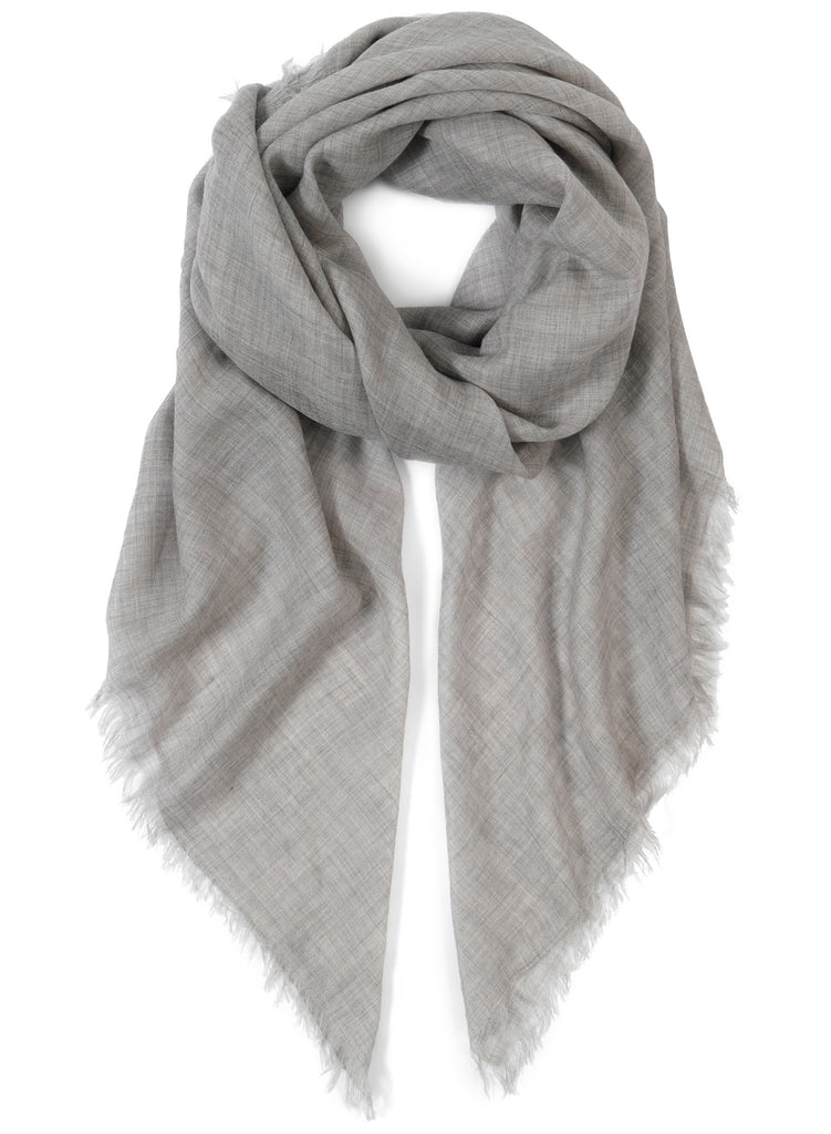 JANE CARR The Sheer Fray Square in Mist, light grey super fine pure cashmere scarf - tied