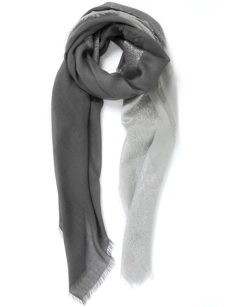 JANE CARR The Block Square in Grey, two tone cashmere scarf with Lurex – tied