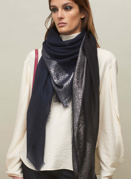 JANE CARR The Block Square in Navy, two tone cashmere scarf with Lurex - model