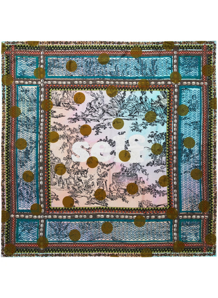 JANE CARR The Self Square in Sargasso, khaki multicoloured printed silk twill scarf – flat