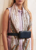 JANE CARR The Self Square in Pearl, neutral multicoloured printed modal and cashmere scarf – model