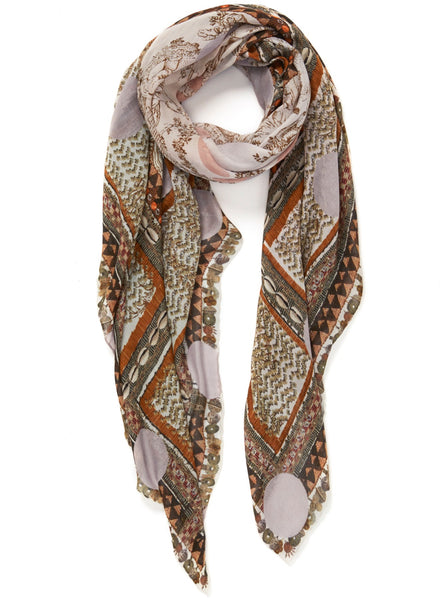 JANE CARR The Self Square in Pearl, neutral multicoloured printed modal and cashmere scarf – tied