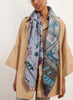 JANE CARR The Botany Square in Tempest, grey blue multicolour printed silk twill scarf – model