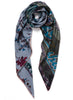 JANE CARR The Botany Square in Tempest, grey blue multicolour printed silk twill scarf – tied