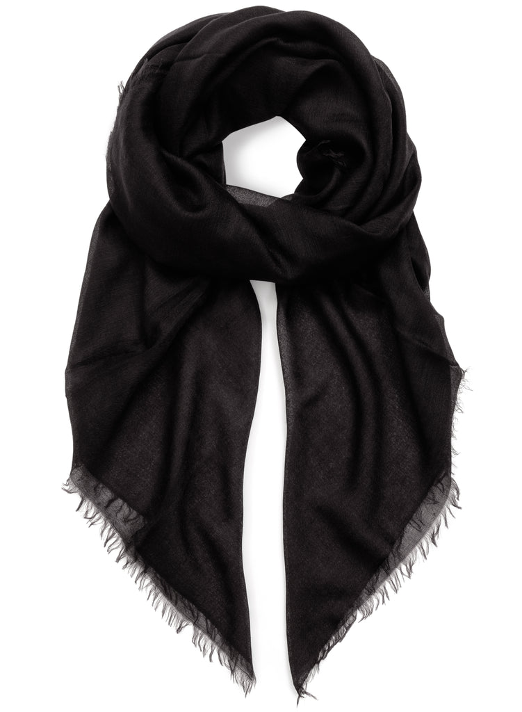 JANE CARR 210119-0831 The Sheer Fray Square - cashmere - Col. Black - TiedJANE CARR The Sheer Fray Square in Black, black super fine pure cashmere scarf - tied