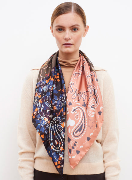 JANE CARR The Remix Foulard in Cinnamon, neutral and navy multicolour printed silk twill scarf – model 1
