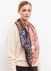 JANE CARR The Remix Foulard in Cinnamon, neutral and navy multicolour printed silk twill scarf – model 2