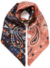 JANE CARR The Remix Foulard in Cinnamon, neutral and navy multicolour printed silk twill scarf – tied
