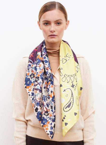 JANE CARR The Remix Foulard in Damson, purple multicolour printed silk twill scarf – model 1