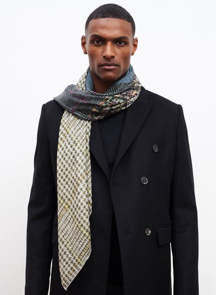 JANE CARR The Bouclé Square in City, grey blue multicolour printed modal and cashmere scarf - model 3