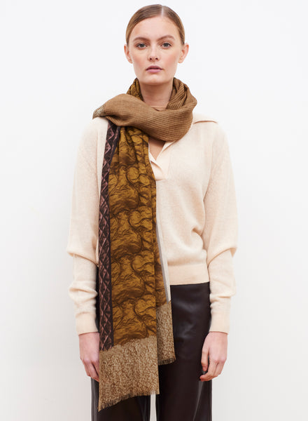 JANE CARR The Quilt Wrap in Biscuit, neutral printed modal and cashmere scarf - model 1