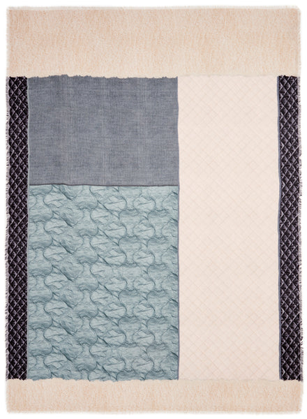 JANE CARR The Quilt Wrap in Denim, blue and cream printed modal and cashmere scarf - flat