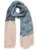 JANE CARR The Quilt Wrap in Denim, blue and cream printed modal and cashmere scarf - tied