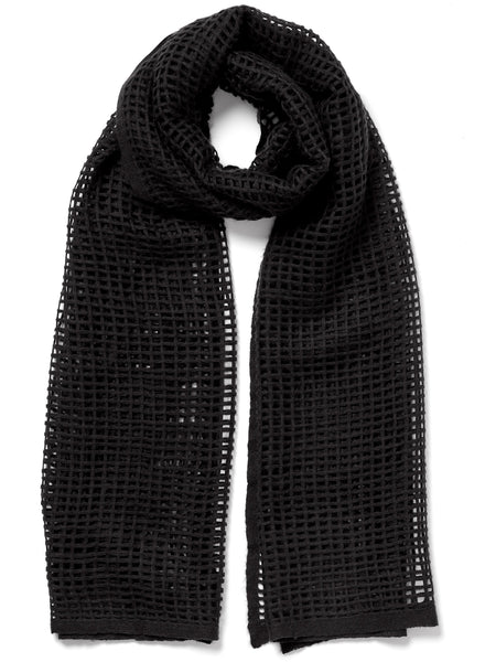 JANE CARR The Mesh Scarf in Black, black grid woven cashmere scarf – tied