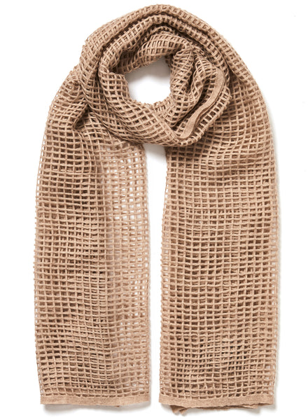 JANE CARR The Mesh Scarf in Taupe, taupe grid woven cashmere scarf – tied