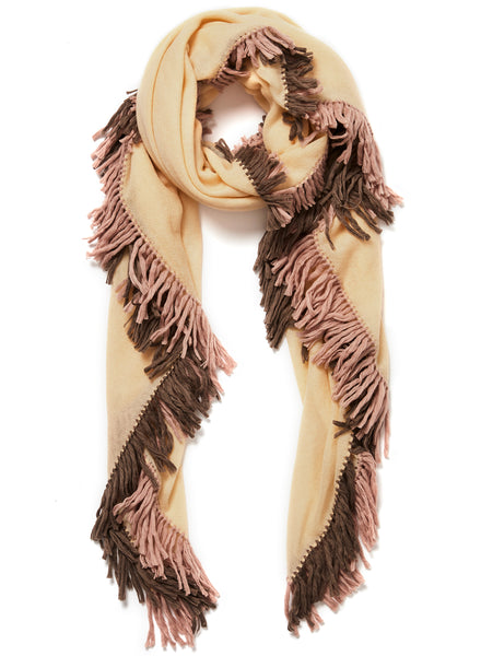 JANE CARR The Chalet Square in Hay, cream cashmere scarf with oversized contrast fringes – tied