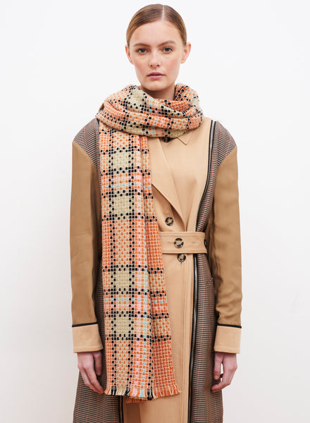 JANE CARR The Plaid Scarf in Tan, orange multicolour grid wool and cashmere scarf – model 1