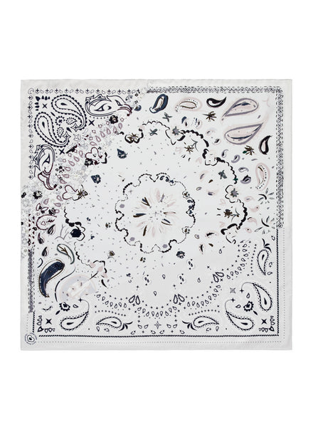 JANE CARR The Ranch Foulard in Bone, white printed silk twill scarf – flat