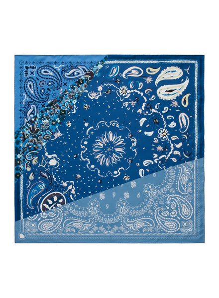 JANE CARR The Ranch Foulard in Mid Blue, blue printed silk twill scarf – flat