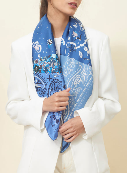 JANE CARR The Ranch Foulard in Mid Blue, blue printed silk twill scarf – model