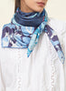 JANE CARR The Puzzle Square in Mid Blue, blue multicolour printed silk twill scarf – model 1