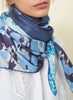JANE CARR The Puzzle Square in Mid Blue, blue multicolour printed silk twill scarf – model 2
