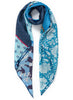 JANE CARR The Puzzle Square in Mid Blue, blue multicolour printed silk twill scarf – tied
