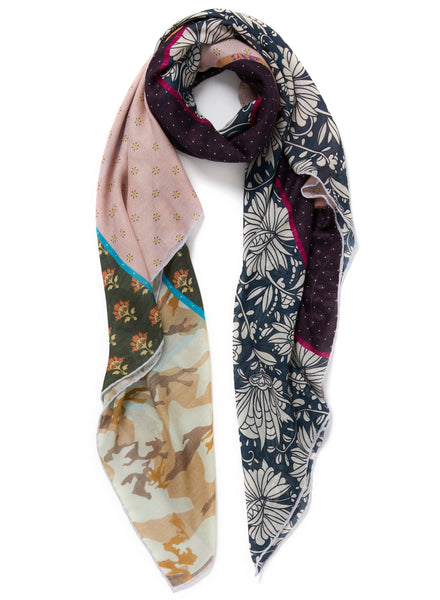 JANE CARR The Puzzle Square in Grape, purple multicolour printed modal and cashmere scarf – tied