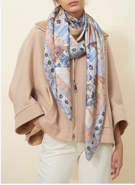 JANE CARR The Prairie Square in Powder Blue, blue and pink printed silk twill scarf – model 1