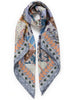 JANE CARR The Prairie Square in Powder Blue, blue and pink printed silk twill scarf – tied