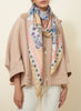 JANE CARR The Prairie Square in Rose, pink and yellow printed silk twill scarf – model 1