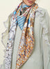 JANE CARR The Mirage Square in Blossom, pink and blue multicolour printed silk twill scarf – model 2