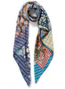 JANE CARR The Mirage Square in Mid Blue, blue multicolour printed silk twill scarf – tied