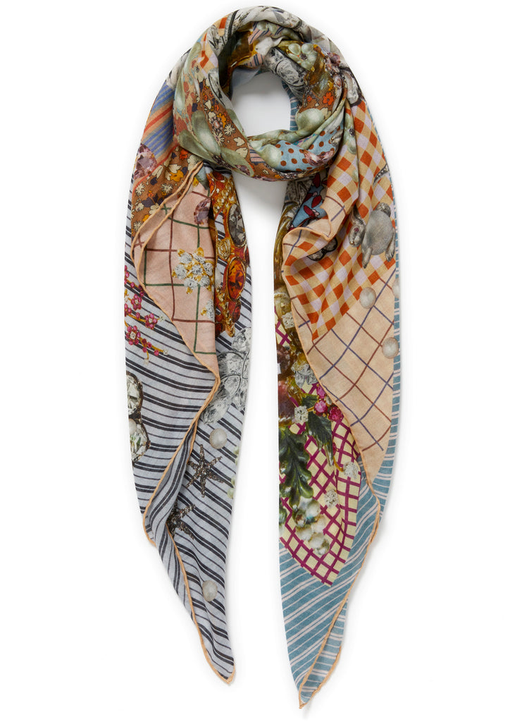JANE CARR The Mirage Square in Blossom, pink and blue multicolour printed modal and cashmere scarf – tied