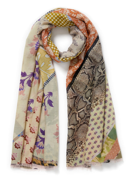 JANE CARR The Puzzle Wrap in Butter, yellow multicolour printed modal and cashmere scarf – tied