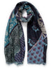 JANE CARR The Puzzle Wrap in Lagoon, blue multicolour printed modal and cashmere scarf – tied