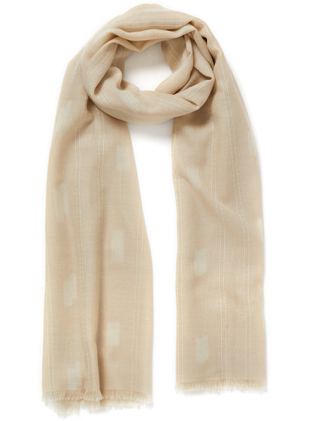 JANE CARR The Ikat Scarf in Soft White, neutral two tone pure cashmere woven scarf – tied