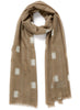 JANE CARR The Ikat Scarf in Taupe, taupe two tone pure cashmere woven scarf – tied