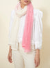 JANE CARR The Shadow Mesh Scarf in Marshmallow, pink and white grid woven cashmere scarf – model