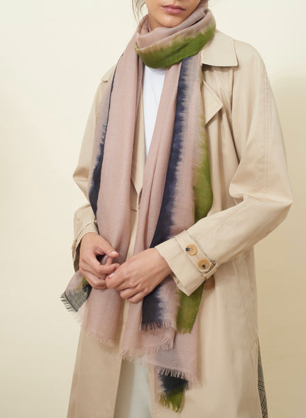 JANE CARR The Cirrus Wrap in Apple, pink multicolour painted pure cashmere scarf – model 1