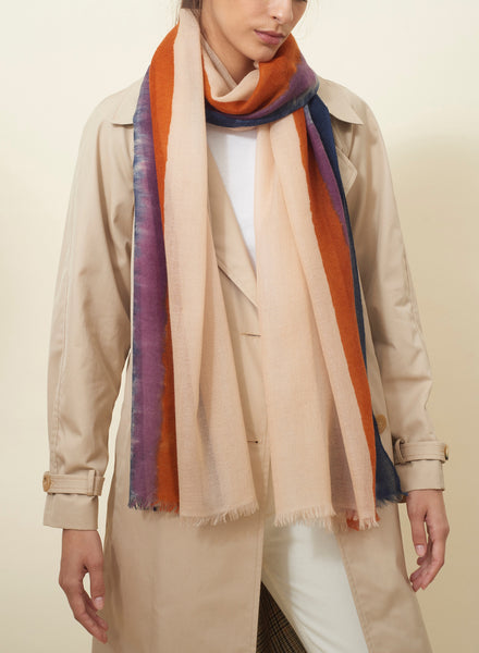 JANE CARR The Cirrus Wrap in Kingfisher, blush multicolour painted pure cashmere scarf – model