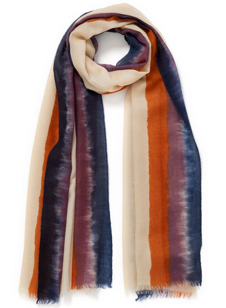 JANE CARR The Cirrus Wrap in Kingfisher, blush multicolour painted pure cashmere scarf – tied