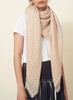 JANE CARR The Tile Square in Sand, neutral checked cashmere scarf with metallic lurex – model 1