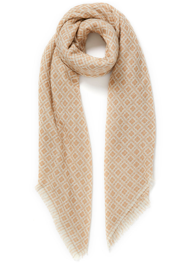 JANE CARR The Tile Square in Sand, neutral checked cashmere scarf with metallic lurex – tied